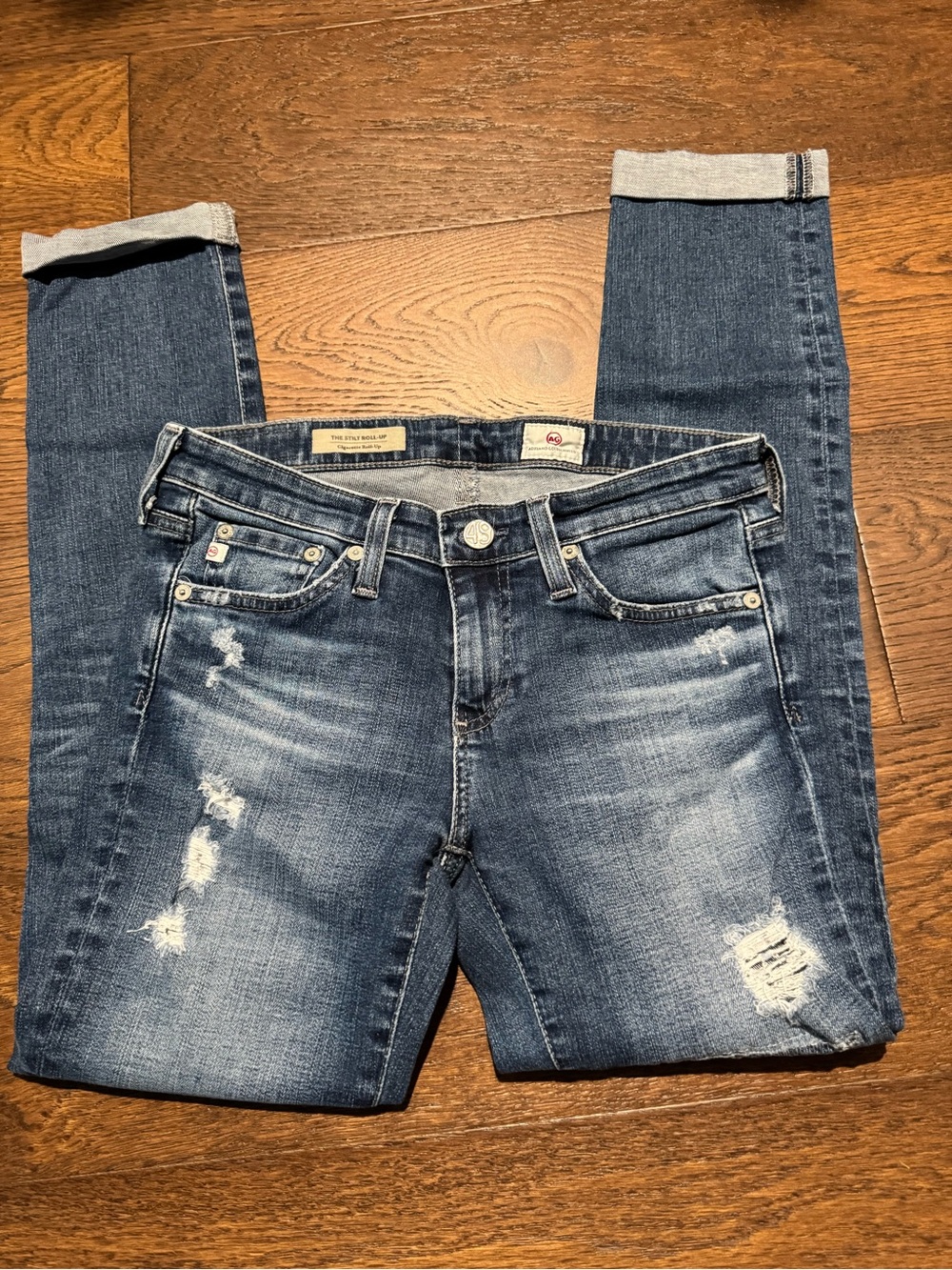 Ag Adriano Goldschmied Distressed Medium Blue Cropped Skinny Jeans